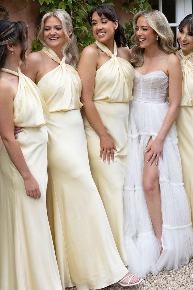 Luolandi Yellow Halter Sheath Long Bridesmaid Dress Elegant Evening Party Dress Formal Dress